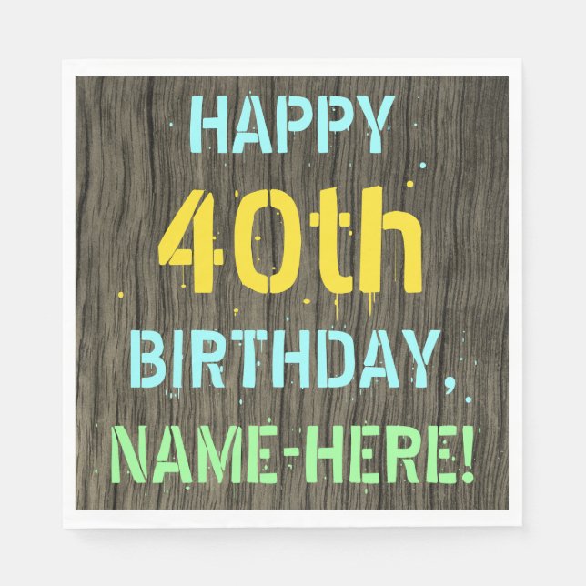 Serviette En Papier Faux Wood, Peint Texte Look, 40e anniversaire + No (Devant)