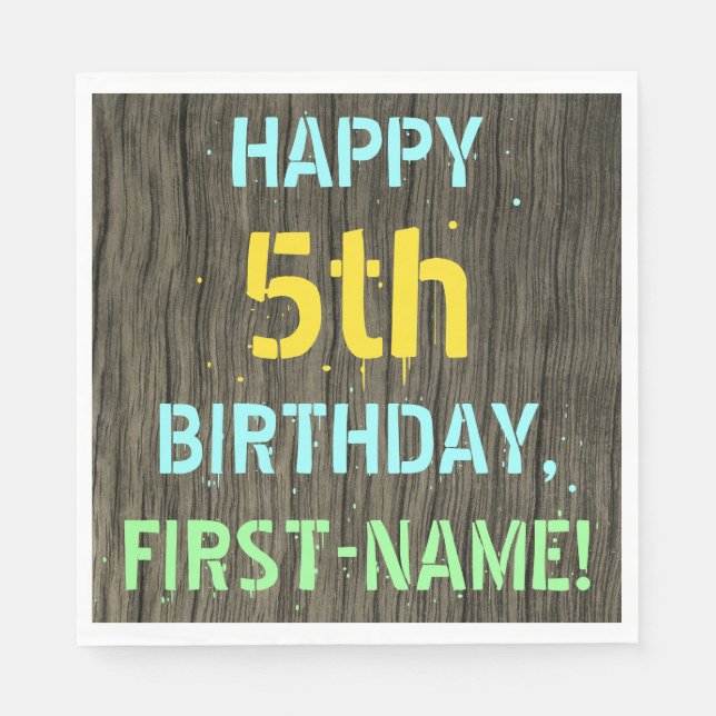 Serviette En Papier Faux Wood, Peint Texte Look, 5e anniversaire + Nom (Devant)