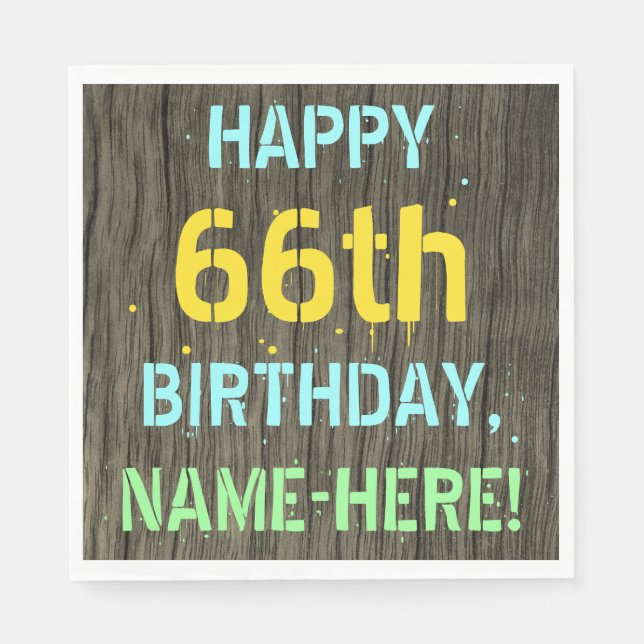 Serviette En Papier Faux Wood, Peint Texte Look, 66e anniversaire + No (Devant)