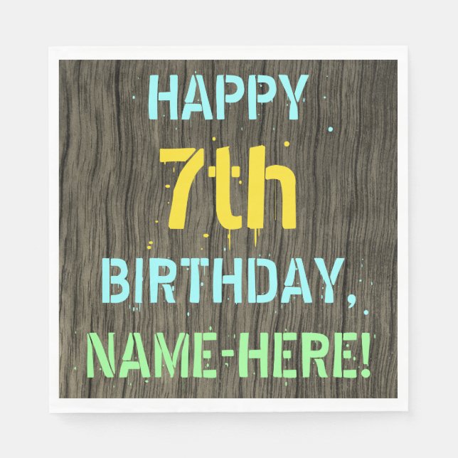 Serviette En Papier Faux Wood, Peint Texte Look, 7e anniversaire + Nom (Devant)