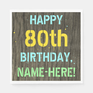 Serviette En Papier Faux Wood, Peint Texte Look, 80e anniversaire + No