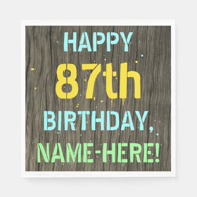 Serviette En Papier Faux Wood, Peint Texte Look, 87e anniversaire + No (Devant)
