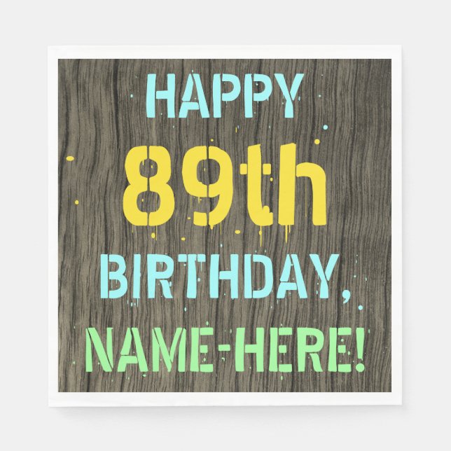 Serviette En Papier Faux Wood, Peint Texte Look, 89e anniversaire + No (Devant)