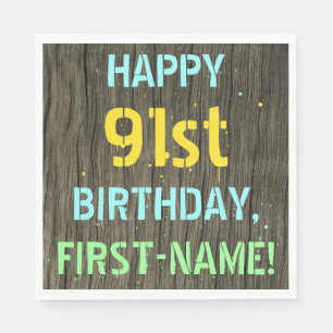 Serviette En Papier Faux Wood, Peinture Text Look, 91e anniversaire + 