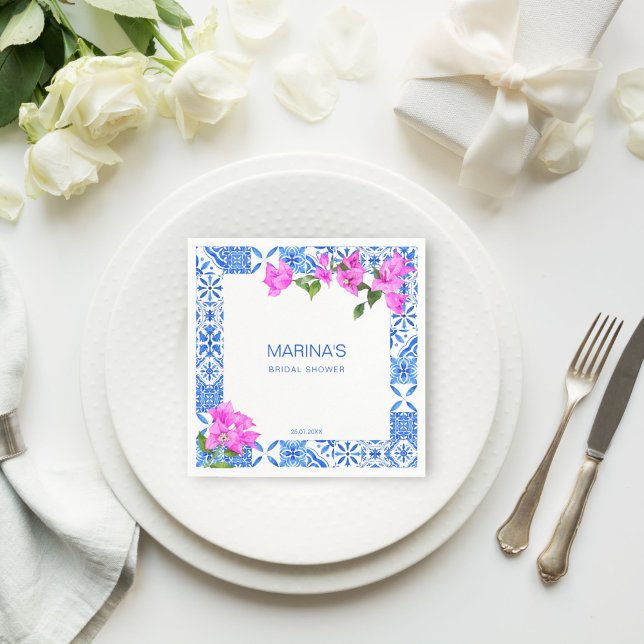 Serviette En Papier Faveurs de douche de mariée Carreaux bleus Bougain (Bridal shower table decor Blue Tiles Bougainvillea printed Napkins personalized tableware)