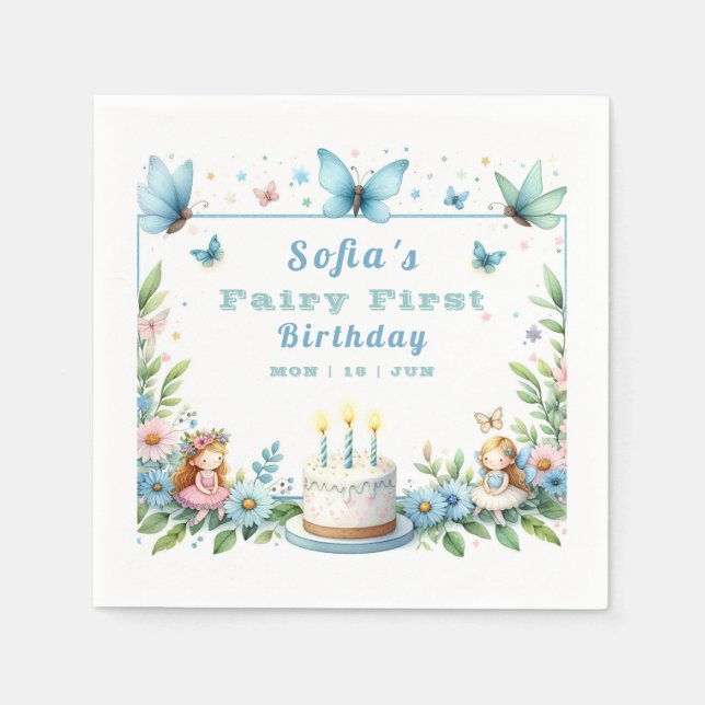 Serviette En Papier Fée Papillon Pastel Bleu Premier Anniversaire - (Devant)