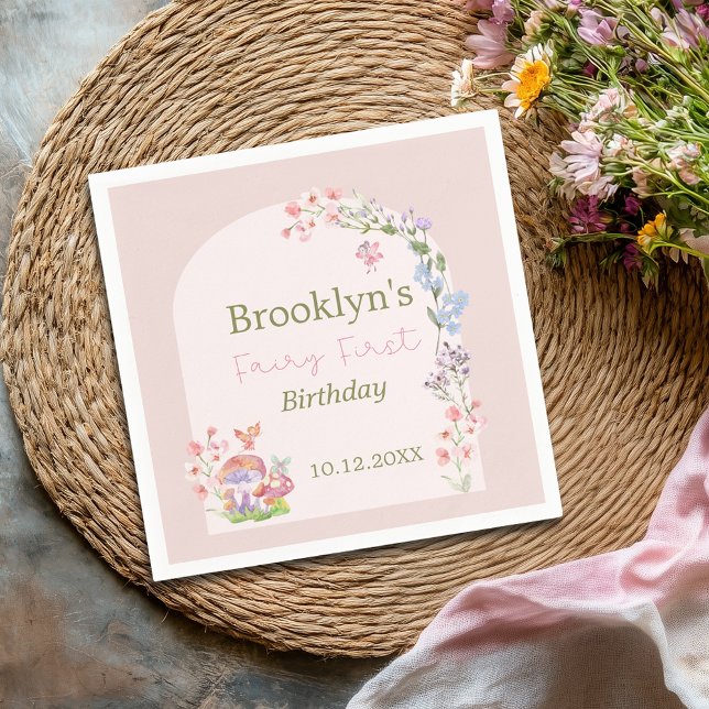 Serviette En Papier Fée Premier anniversaire Whimsday Mushroom Floral (Fairy First Birthday Whimsical Mushroom Floral Napkins)