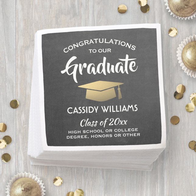 Serviette En Papier Félicitations Chalkboard Black & Gold Graduation (Créateur téléchargé)