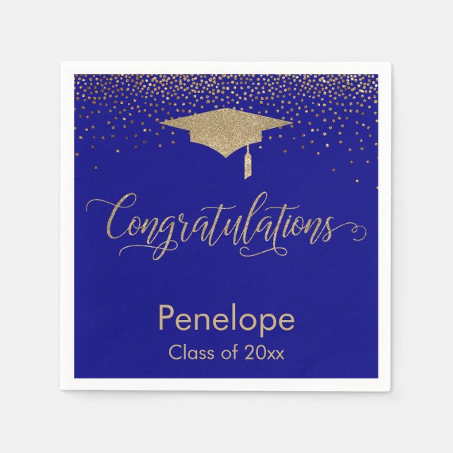 Serviette En Papier Félicitations Gold Confetti Graduation Cap Blue (Devant)