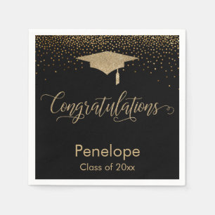 Serviette En Papier Félicitations Gold Confetti Graduation Cap Noir