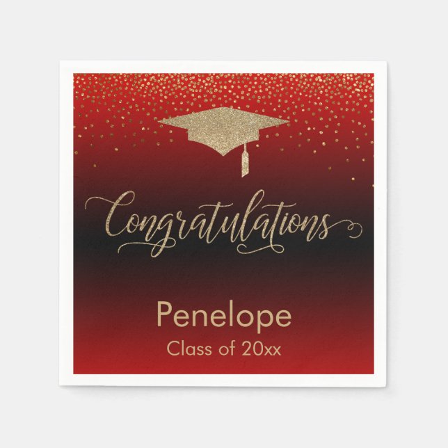 Serviette En Papier Félicitations Gold Confetti Graduation Cap Rouge (Devant)