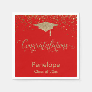 Serviette En Papier Félicitations Gold Confetti Graduation Cap Rouge