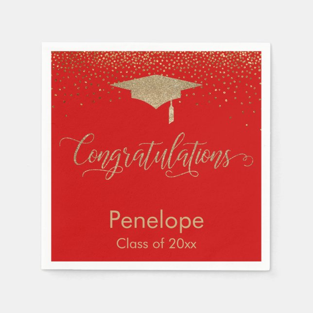 Serviette En Papier Félicitations Gold Confetti Graduation Cap Rouge (Devant)