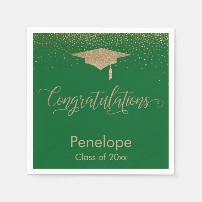 Serviette En Papier Félicitations Gold Confetti Graduation Cap Vert (Devant)