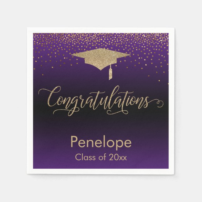 Serviette En Papier Félicitations Gold Confetti Graduation Purple (Devant)