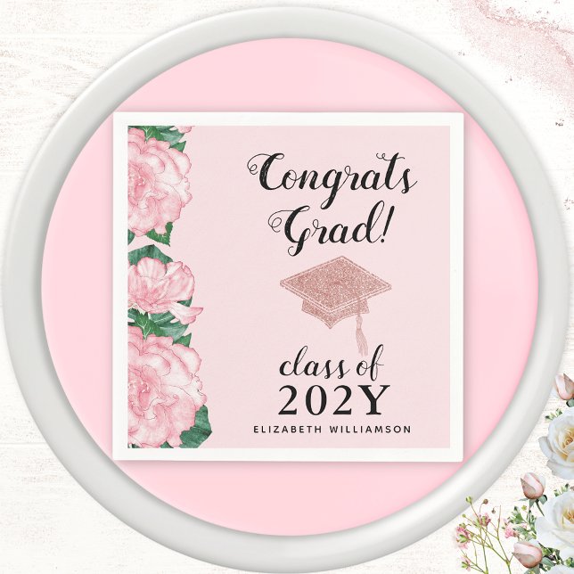 Serviette En Papier Félicitations Grad Class 2025 Floral Pink Graduati (Créateur téléchargé)