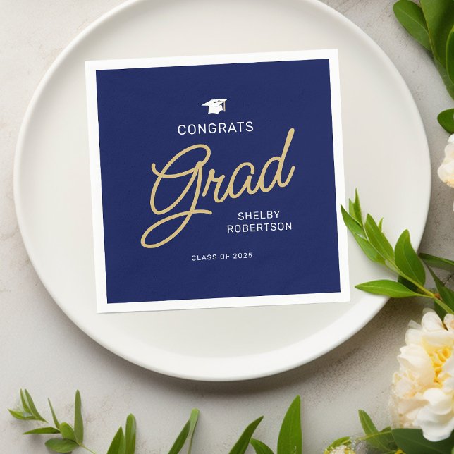 Serviette En Papier Félicitations Grand Script Moderne Marine Bleu Gra (Créateur téléchargé)