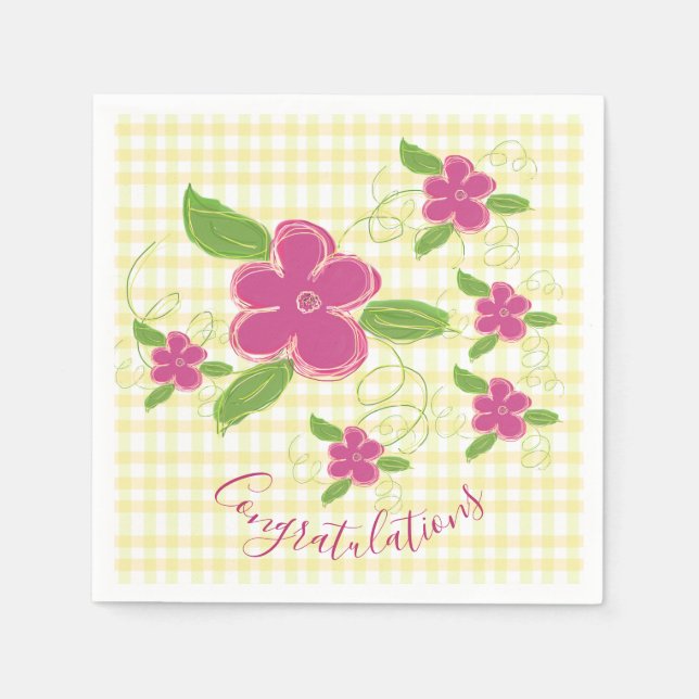 Serviette En Papier Félicitations Plaid Jaune Rose Floral (Devant)
