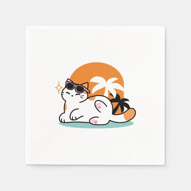 Serviette En Papier Feline fin au soleil - Chat Tropical relaxé (Devant)