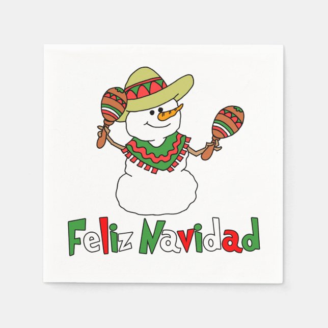 Serviette En Papier Feliz Navidad Dessin Snowman Sombrero Maracas (Devant)