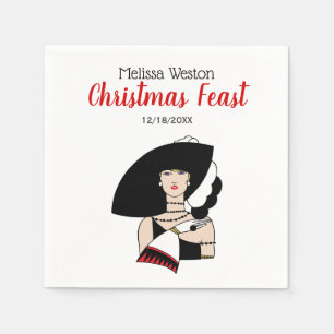 Serviette En Papier Femme Art Déco de Noël portant un chapeau des gant