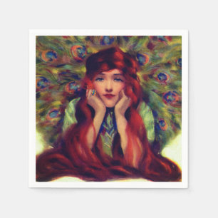 Serviette En Papier Femme art nouveau déco plumes de paon élégantes 