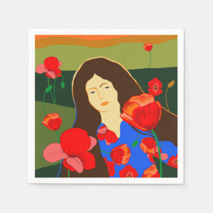 Serviette En Papier Femme aux cheveux longs marchant dans le champ de 