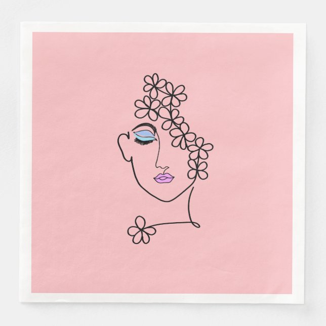 Serviette En Papier Femme Avec Fleurs Ligne Art Rose (Devant)