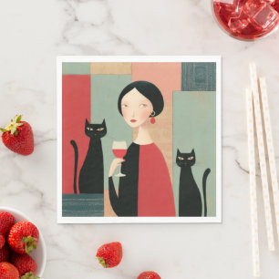 Serviette En Papier Femme Élégante Chats Noirs et Vin