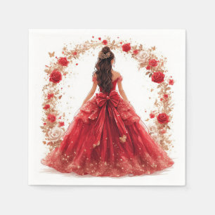 Serviette En Papier Femme élégante dans une robe rouge entourée de ros