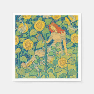 Serviette En Papier Femme-fille de fleurs dans le jardin de tournesol