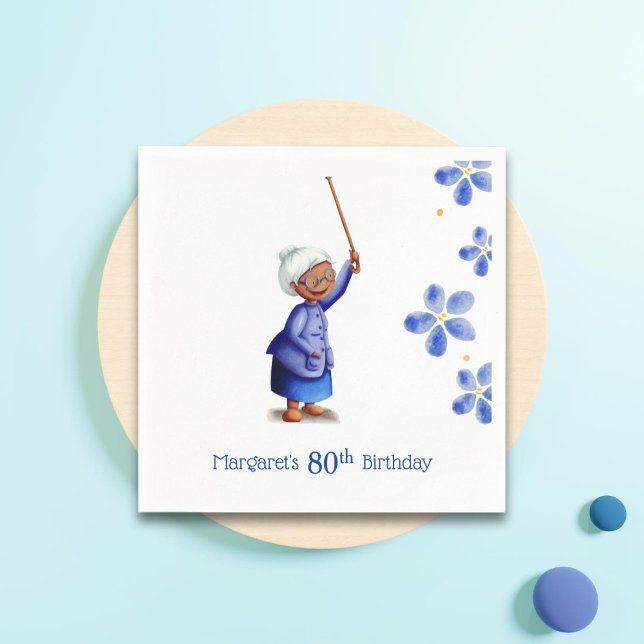 Serviette En Papier Femme noire 80e anniversaire aquarelle florale (Créateur téléchargé)