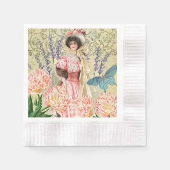Serviette En Papier Femme victorienne florale rose Régence (Devant)
