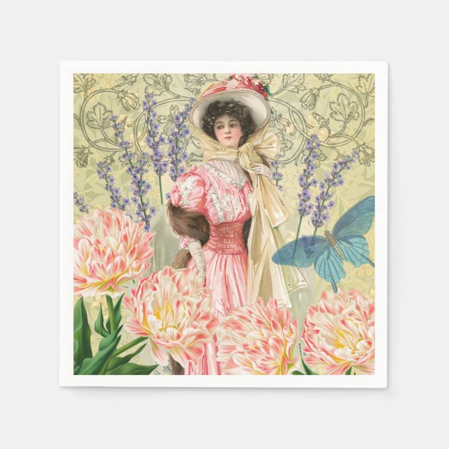 Serviette En Papier Femme victorienne florale rose Régence (Devant)