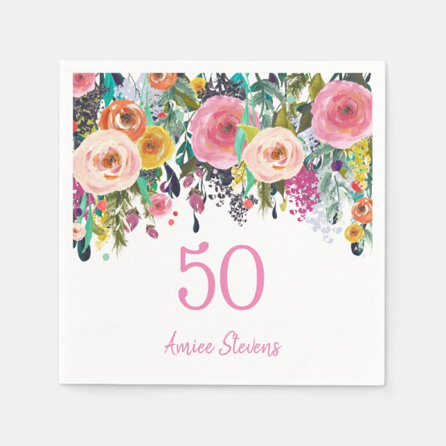 Serviette En Papier Femmes 50e anniversaire fête Peach Fleur rose (Devant)