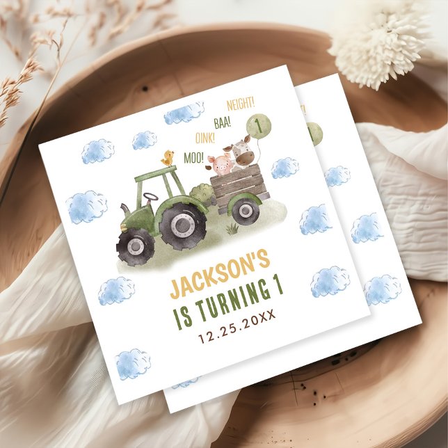 Serviette En Papier Ferme de tracteur aquarelle 1er anniversaire (Créateur téléchargé)