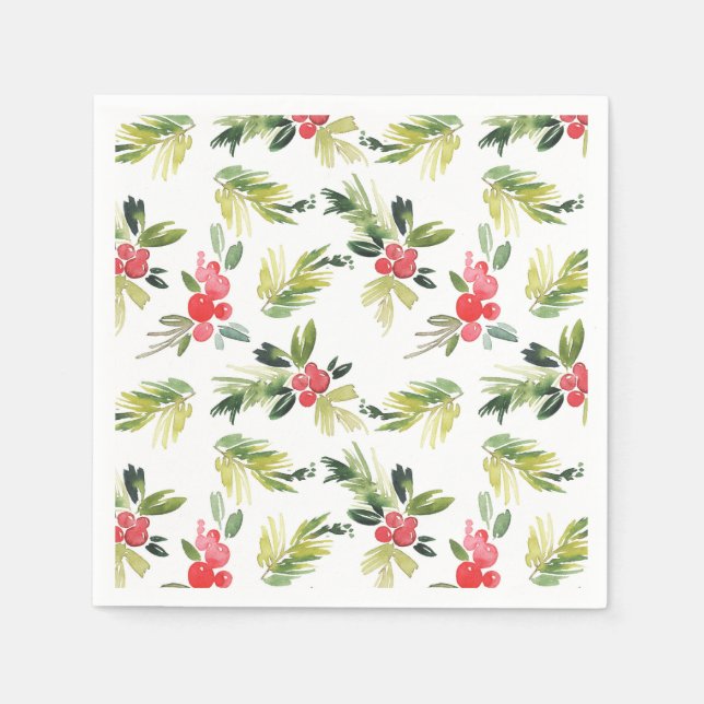Serviette En Papier Festif Aquarelle Holly Noël Motif (Devant)