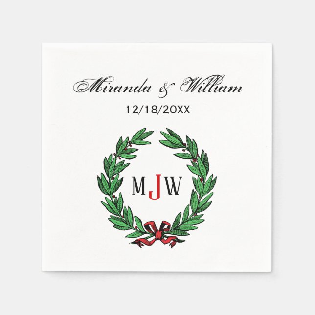 Serviette En Papier Festif Noël Noël Noël Holly Wreath Monogramme (Devant)