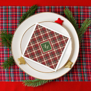 Serviette En Papier Festif Noël Rustique Rouge Vert Plaid Monogramme