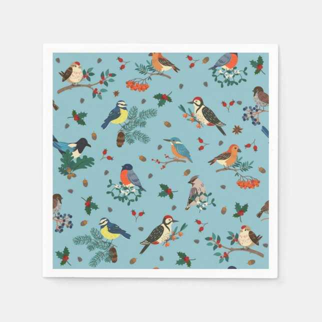 Serviette En Papier Festif Oiseaux d'hiver Motif de Noël (Devant)