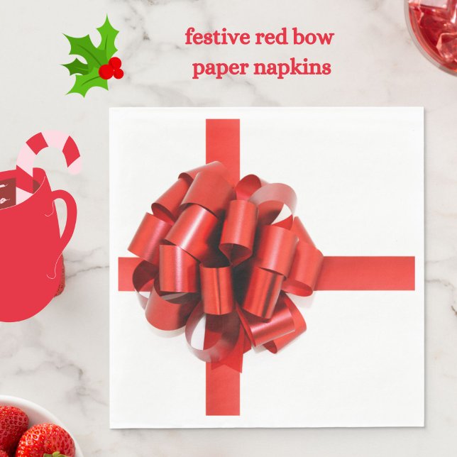 Serviette En Papier Festin Elegant Red Christmas Bow sur le Glam blanc (Festive red bow paper napkins to adorn your holiday table)