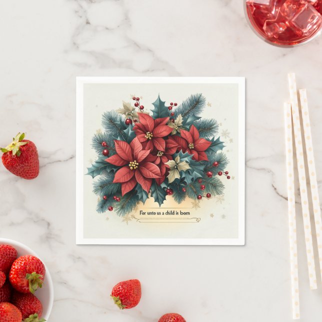 Serviette En Papier Festin Poinsettia Nativité Bible Verse Découpage (En situation)