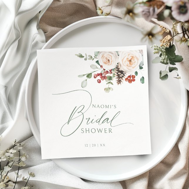Serviette En Papier Festive Floral Winter Holiday Bridal Shower  (Festive Floral Winter Holiday Bridal Shower Napkins)