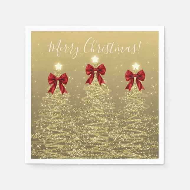 Serviette En Papier Festive Holiday Gold Christmas Trees w/ Red Bows (Devant)