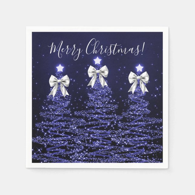 Serviette En Papier Festive Holiday Navy Christmas Trees Silver Bows (Devant)