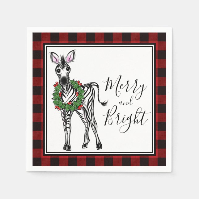 Serviette En Papier Festive Holiday Zebra Holly wreath buffalo plaid (Devant)