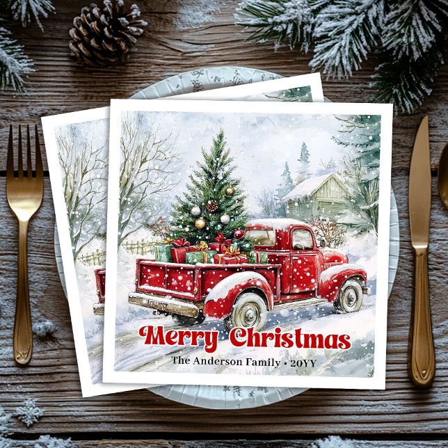 Serviette En Papier Festive red truck Christmas scene rustic table  (Festive red truck Christmas scene rustic table Paper Dinner Napkins)