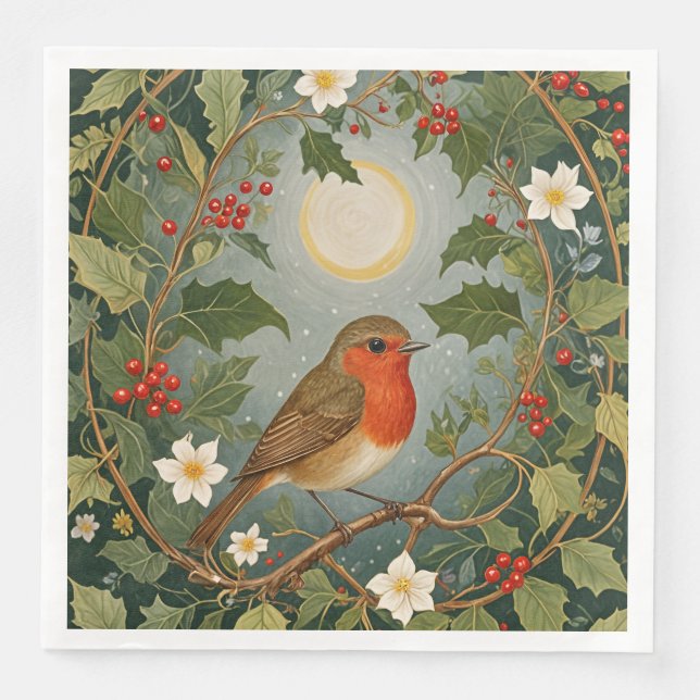 Serviette En Papier Festive Robin et Holly (Devant)