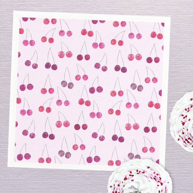 Serviette En Papier Fête aquarelle rose cerise  (Pretty pink watercolor cherry pattern party paper napkin)