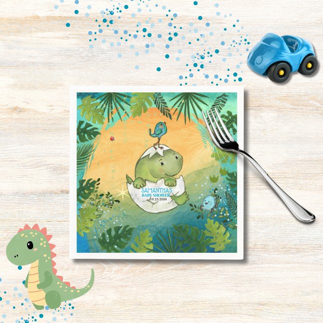 Serviette En Papier Fête au dinosaure vert aquarelle  (Watercolor Aqua Green Dinosaur Party Plates Napkins )